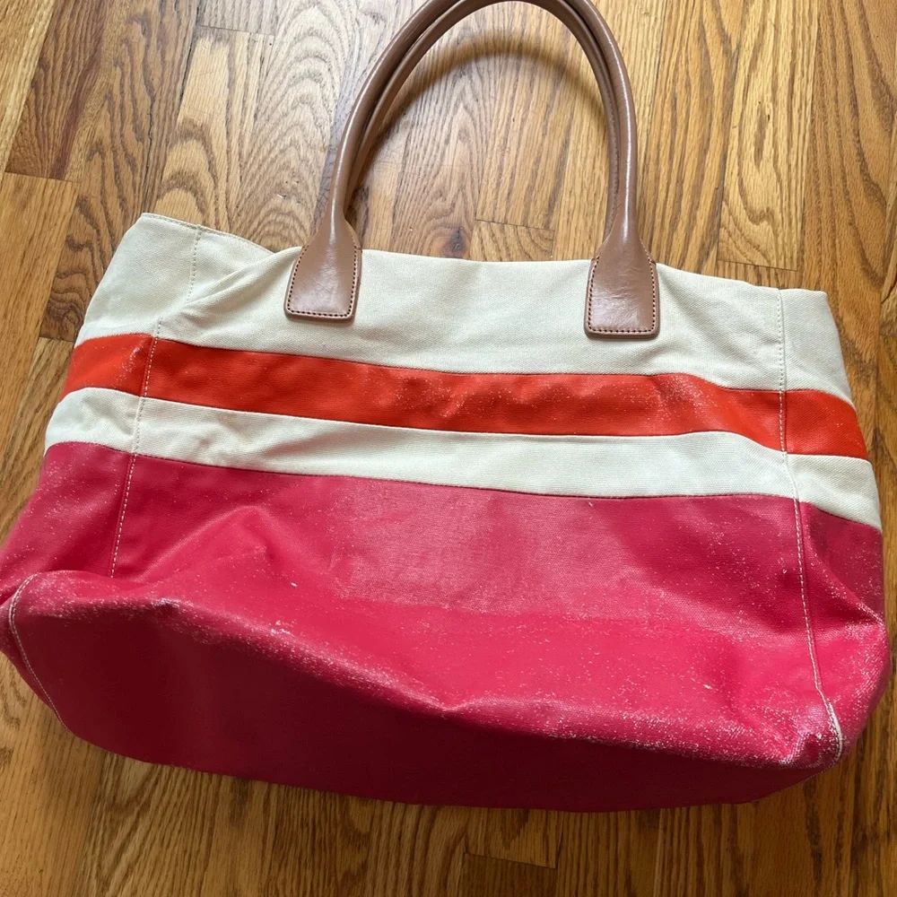 Tory Burch Pink and Cream Canvas Tote Bag
